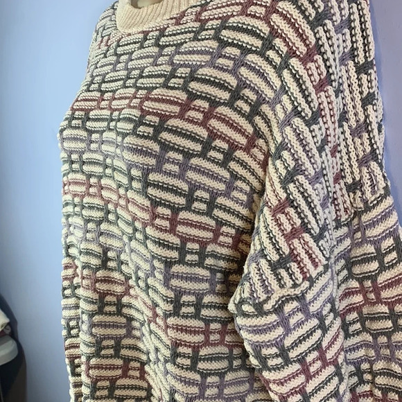 Vintage steeple chase womens 3D knit sweater white green mauve size medium ish - Picture 2 of 7